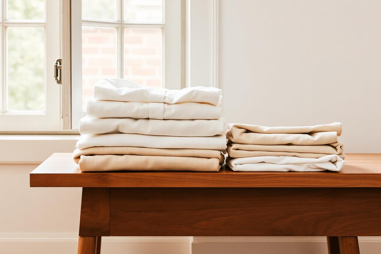 Folded white and cream cotton shirts on a linen surface