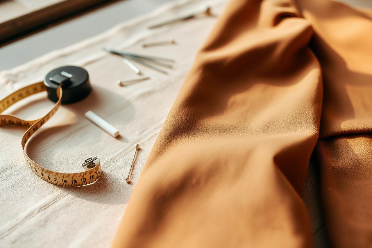 A tailor's worktable with a measuring tape, chalk, pins and a camel blazer sleeve